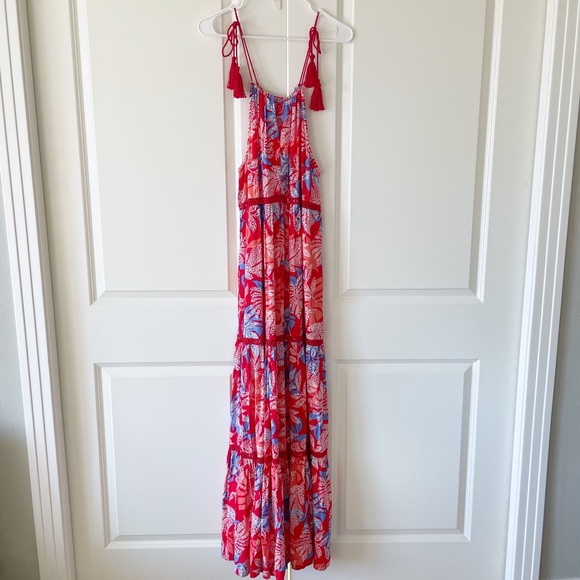 Red Carter Red Floral Tiered Halter Top Maxi Cover-Up Dress Size Large - Picture 15 of 15